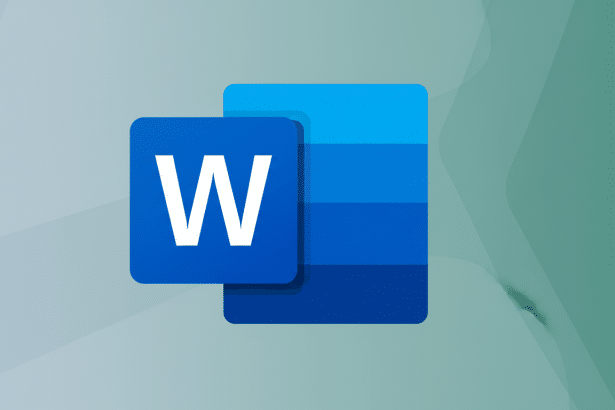 A professional, enhanced image of the Microsoft Word logo with a blue W on a dark blue square, overlapping a lighter blue rectangular design, set agai