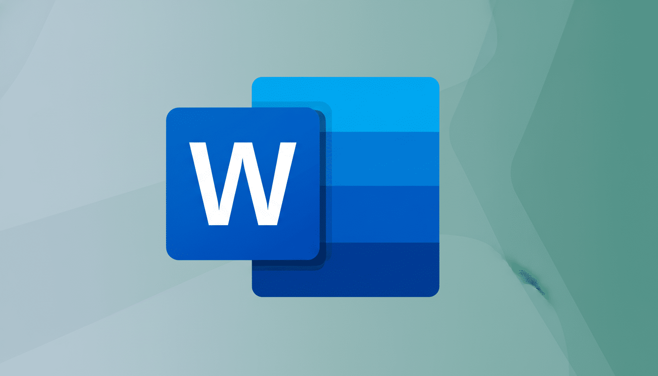 A professional, enhanced image of the Microsoft Word logo with a blue W on a dark blue square, overlapping a lighter blue rectangular design, set agai