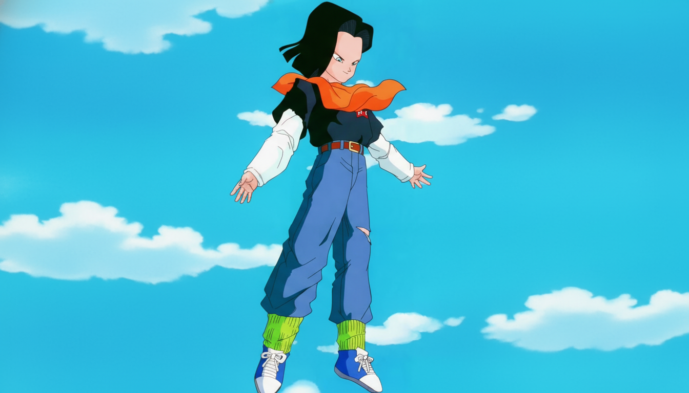 Android 17 from Dragon Ball Z floating in a blue sky with white clouds, resized to a 16:9 aspect ratio.