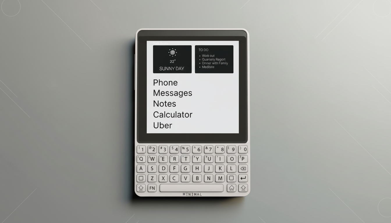 A minimalist smartphone with a physical QWERTY keyboard, displaying a