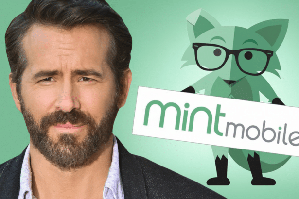 A professional image of Ryan Reynolds alongside the Mint Mobile logo and mascot. Filename : ryan reynolds mintmobile 1 69. png