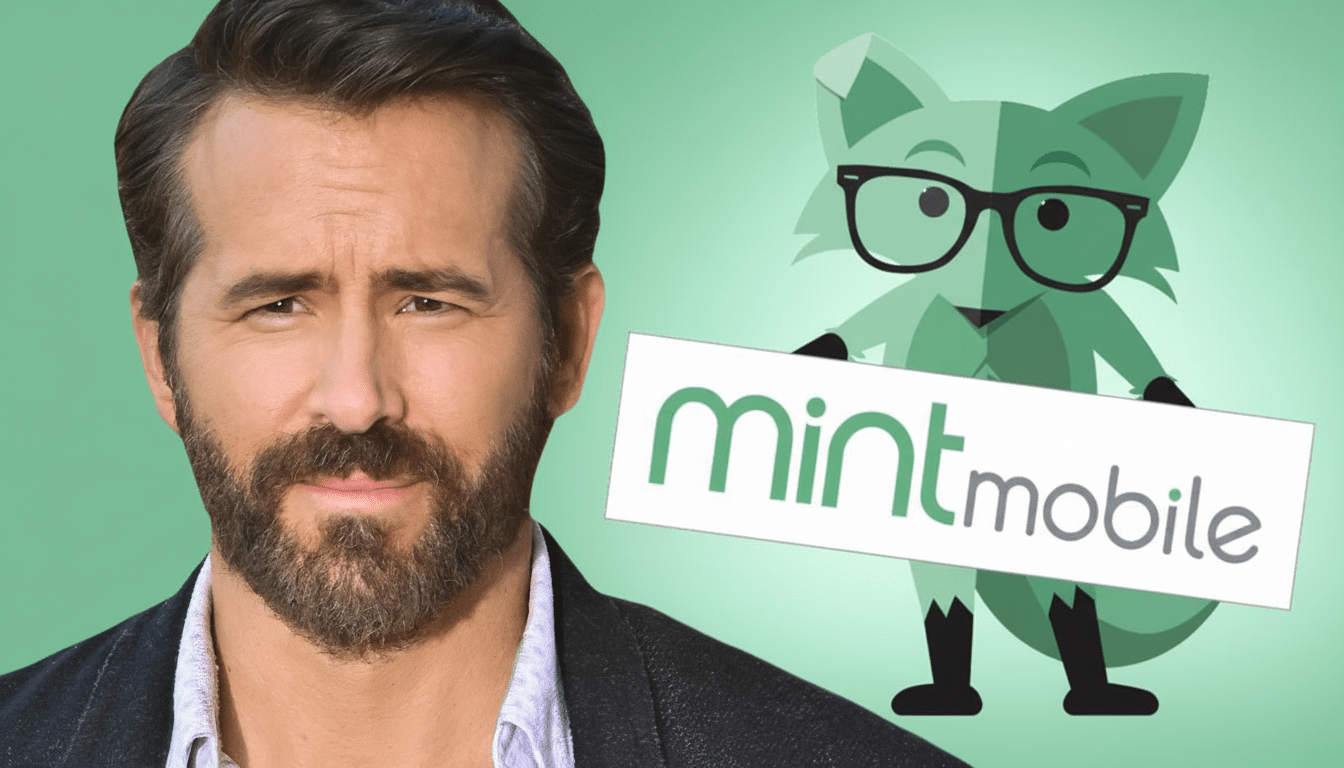 A professional image of Ryan Reynolds alongside the Mint Mobile logo and mascot. Filename : ryan reynolds mintmobile 1 69. png