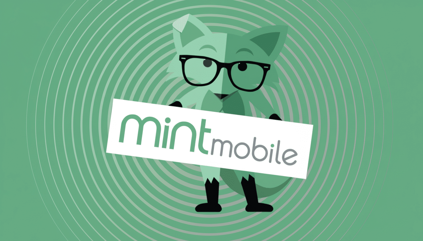 A professional 16:9 image of the Mint Mobile fox mascot wearing glasses and holding a white sign with mint mobile written on it . The background is a flat design with soft green concentric circles.