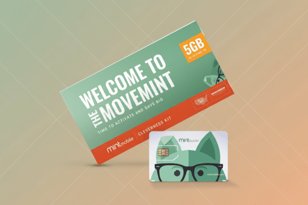 Mint Mobile welcome kit with a Welcome to the Move mint card and a SIM card featuring a fox mascot , presented on a professional flat design background with soft gradients .
