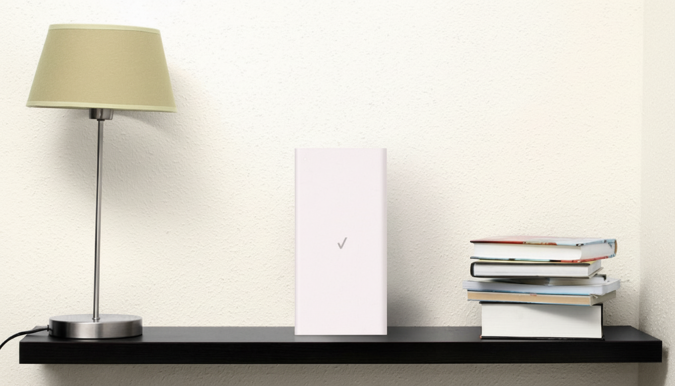 A white Verizon router sits on a black shelf between a lamp and a stack of books, against a light-colored wall.