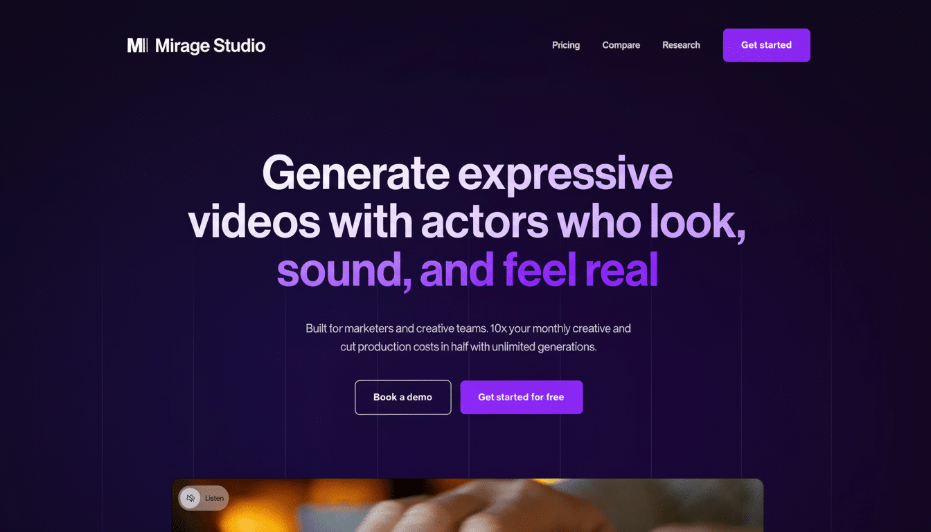 Mirage Studio website homepage with text Generate expressive videos with actors who look , sound, and feel real on a dark purple background .
