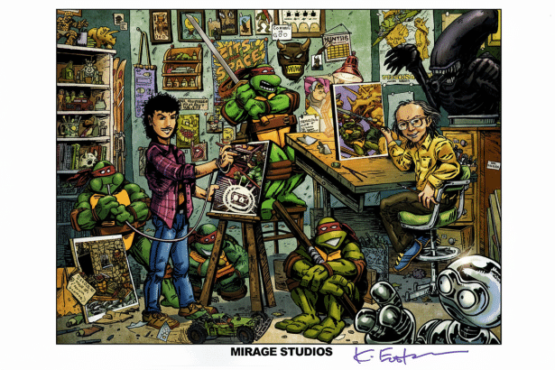 An illustration of artists working on Teenage Mutant Ninja Turtles artwork in a cluttered studio , with various characters and pop culture references visible .