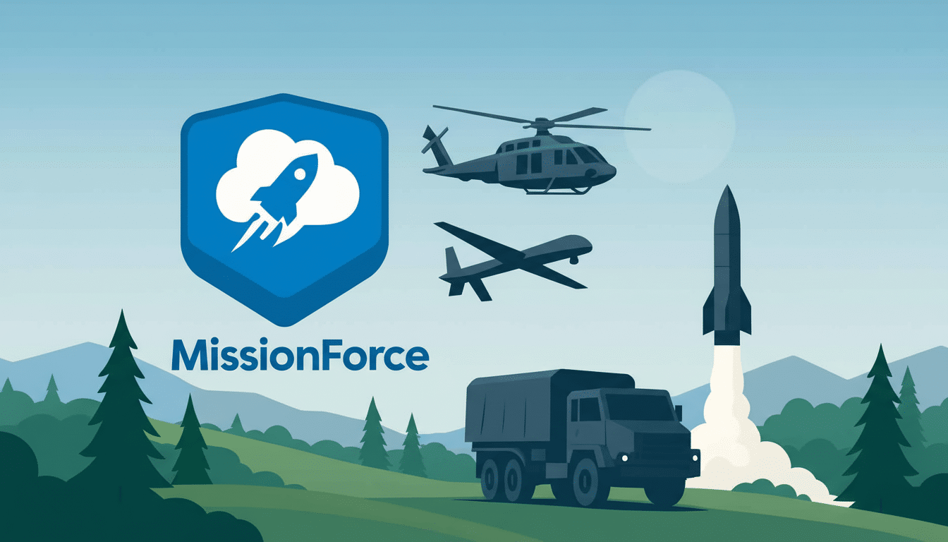 Mission Force logo with military vehicles and a rocket launch in a scenic landscape.