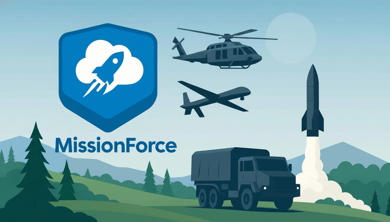 Mission Force logo with military vehicles and a rocket launch in a scenic landscape.