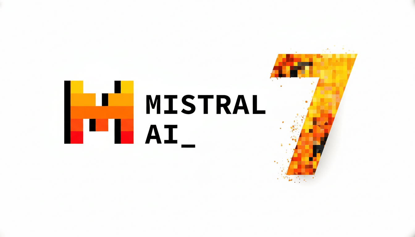The Mist ral AI logo and 7 in a 16: 9 aspect ratio, featuring a pixelated M and a pixelated number 7 with a warm gradient.