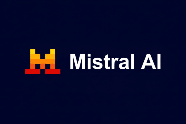 The Mistral AI logo, featuring an orange and red pixelated M icon next to the text Mistral AI in white, all against a dark blue background.