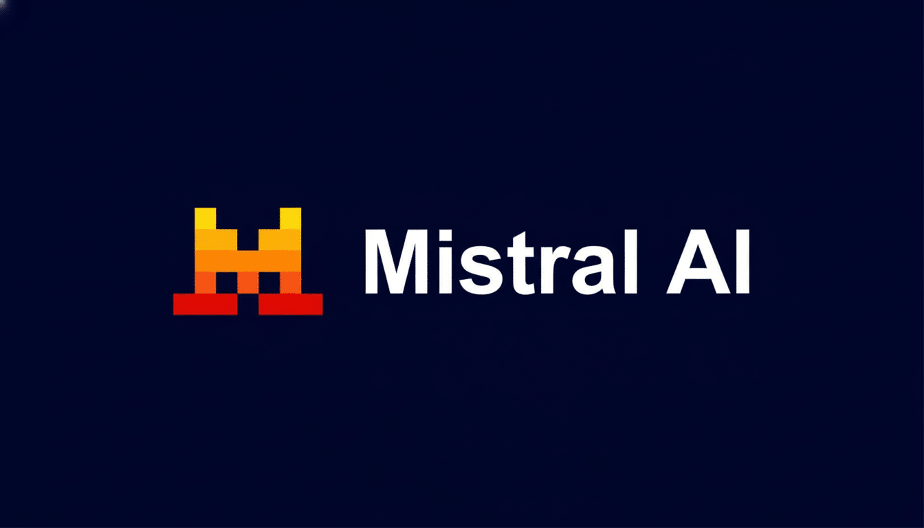 The Mistral AI logo, featuring an orange and red pixelated M icon next to the text Mistral AI in white, all against a dark blue background.
