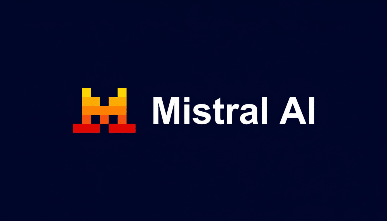 The Mist ral AI logo and word mark on a dark blue background, resized to a 16: 9 aspect ratio. The logo consists of an orange and red pixelated M shap