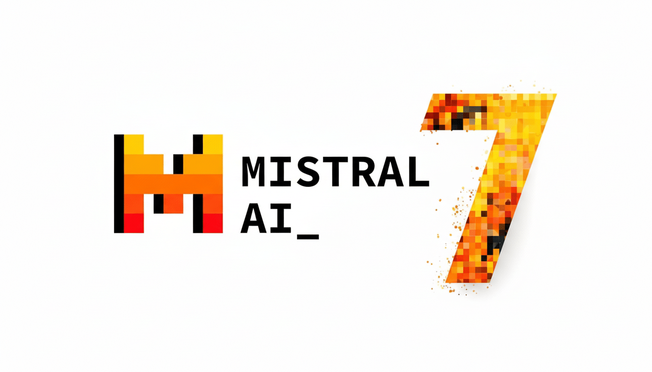 The Mist ral AI 7 logo, featuring a pixelated M in warm colors, the text MISTR AL AI, and a pixelated number 7 in a similar color scheme with a subtle