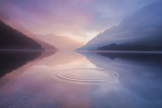 A serene lake at sunrise or sunset, with a single ripple in the calm water reflecting the colorful sky and surrounding misty mountains. Filename : misty lakesunrise ripple .png