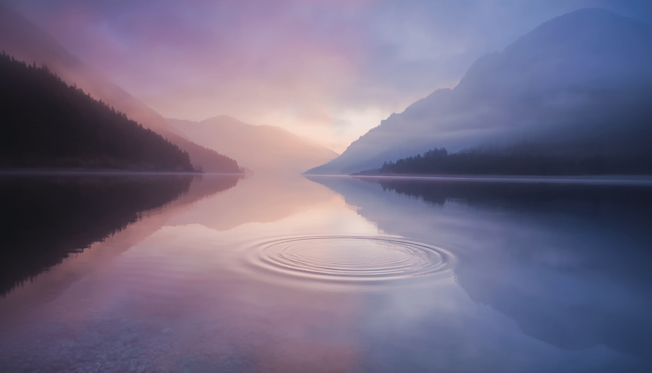 A serene lake at sunrise or sunset, with a single ripple in the calm water reflecting the colorful sky and surrounding misty mountains. Filename : misty lakesunrise ripple .png