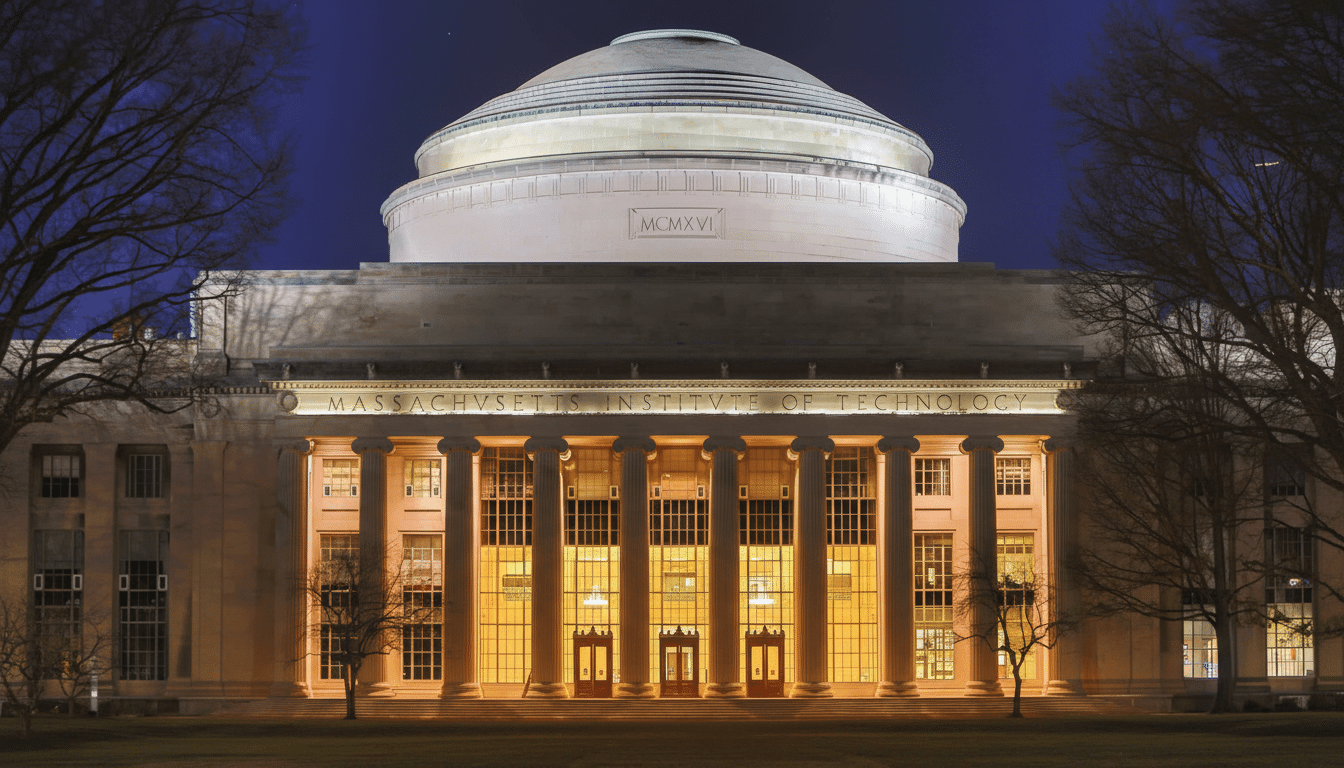 The MIT dome and main building at night, illuminated by golden light, with bare trees on either side against a deep blue sky.