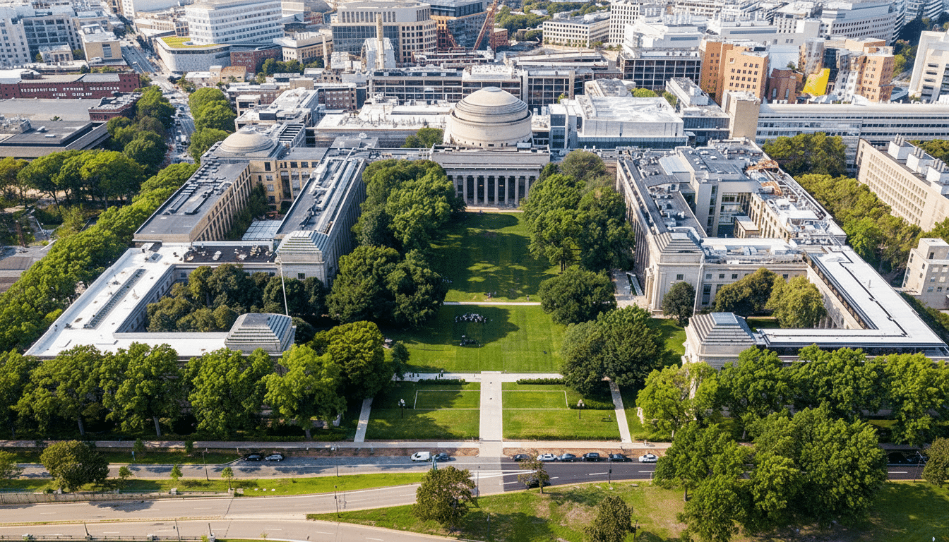 Aerial view of the Massachusetts Institute of Technology ( MIT) campus, showing several large buildings surrounding a central green lawn with trees.