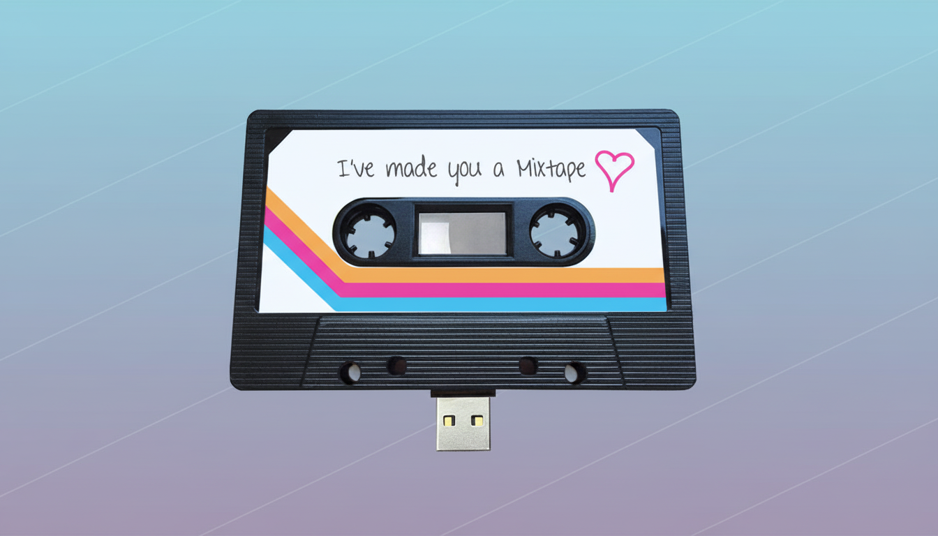 A USB drive designed to look like a retro cassette tape, with the label Ive made you a Mixtape and a pink heart, set against a professional flat design background with soft blue and purple gradients and subtle diagonal patterns.