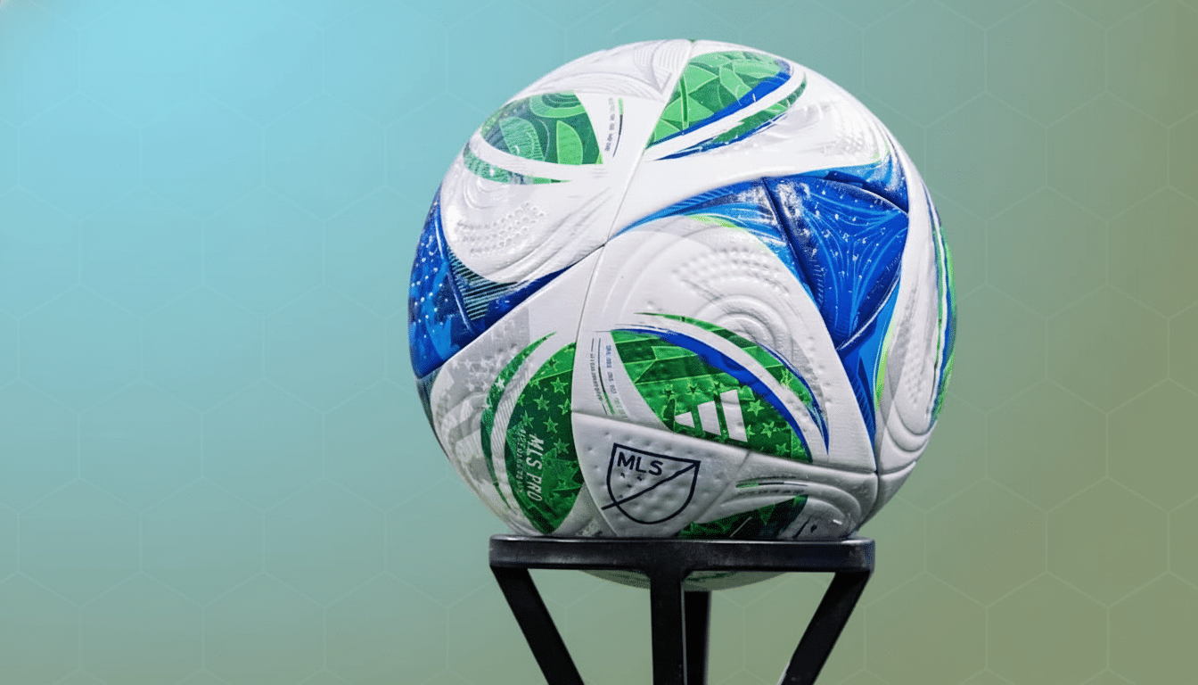 An MLS Pro soccer ball with green and blue patterns on a black stand, set against a professional background with soft blue - green gradients and subtle hexagonal patterns.