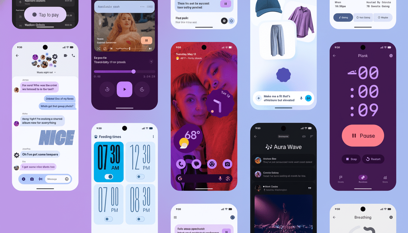 A montage of various mobile phone screens displaying different app interfaces, including messaging, music players, a weather app, a clothing selection