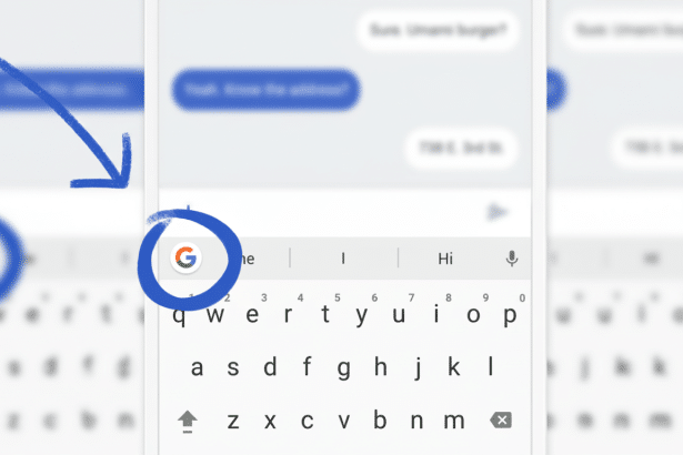 A cropped image of a mobile phone screen displaying a text message interface with a keyboard. A blue arrow points to the Google G icon, which is also