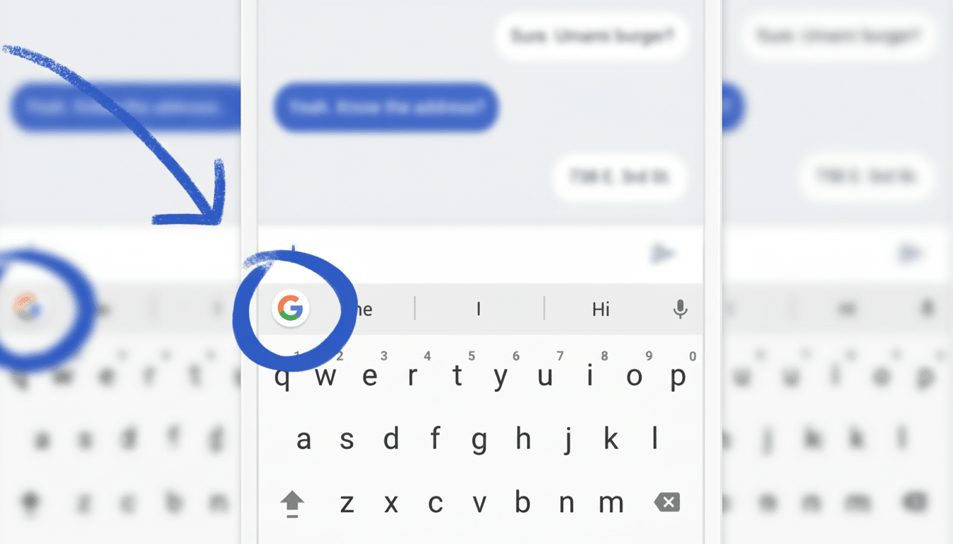 A cropped image of a mobile phone screen displaying a text message interface with a keyboard. A blue arrow points to the Google G icon, which is also