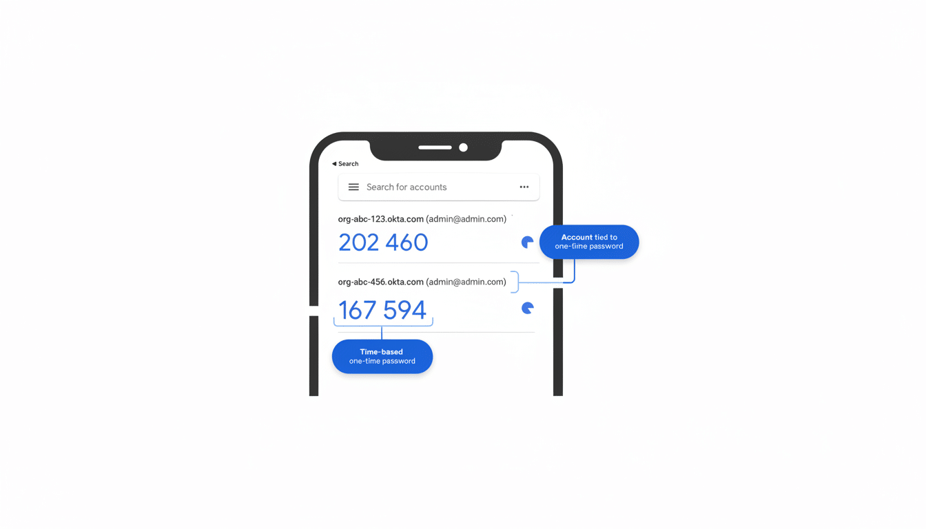 A mobile phone displaying two accounts with their corresponding time -based one- time passwords and descriptive call outs.