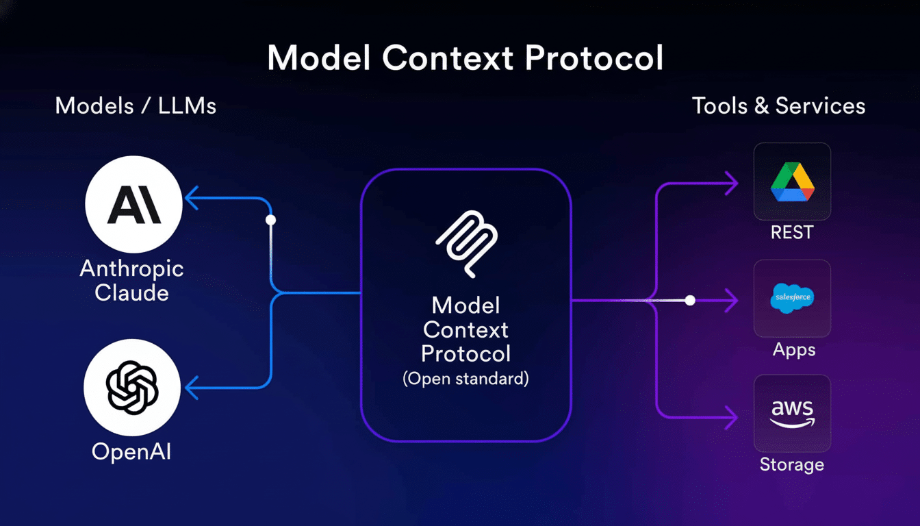 Diagram showing the Model Context Protocol as an open standard connecting AI models/ LLMs (Anth ropic Claude, OpenAI ) to various tools & services ( R