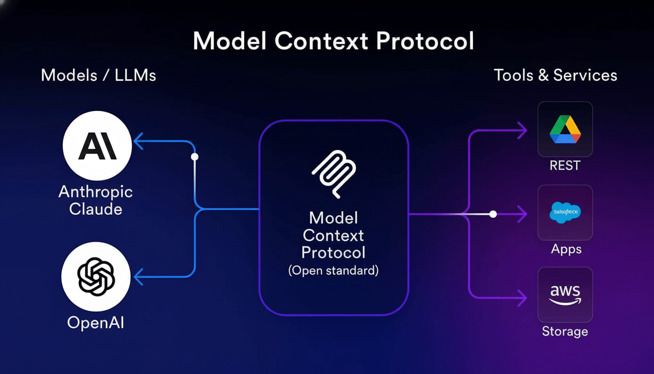 A diagram illustrating the Model Context Protocol, showing connections from Anthropic Claude and OpenAI models to the protocol, and then out to various tools and services including REST, Apps , and Storage , represented by Google Drive, Salesforce, and AWS logos.