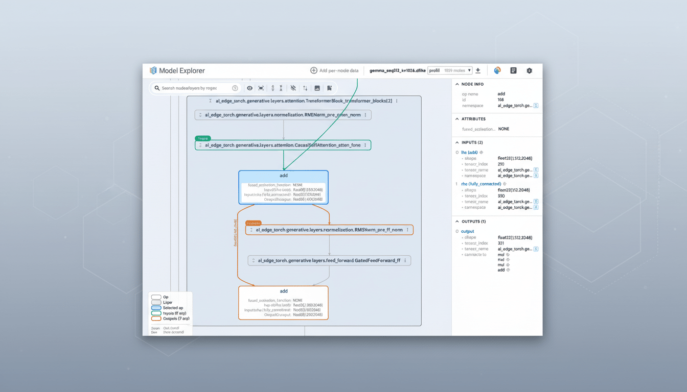 A screenshot of the Model Explorer interface displaying a neural network architecture with various layers and connections, showcasing input and output details in the right-hand panel .