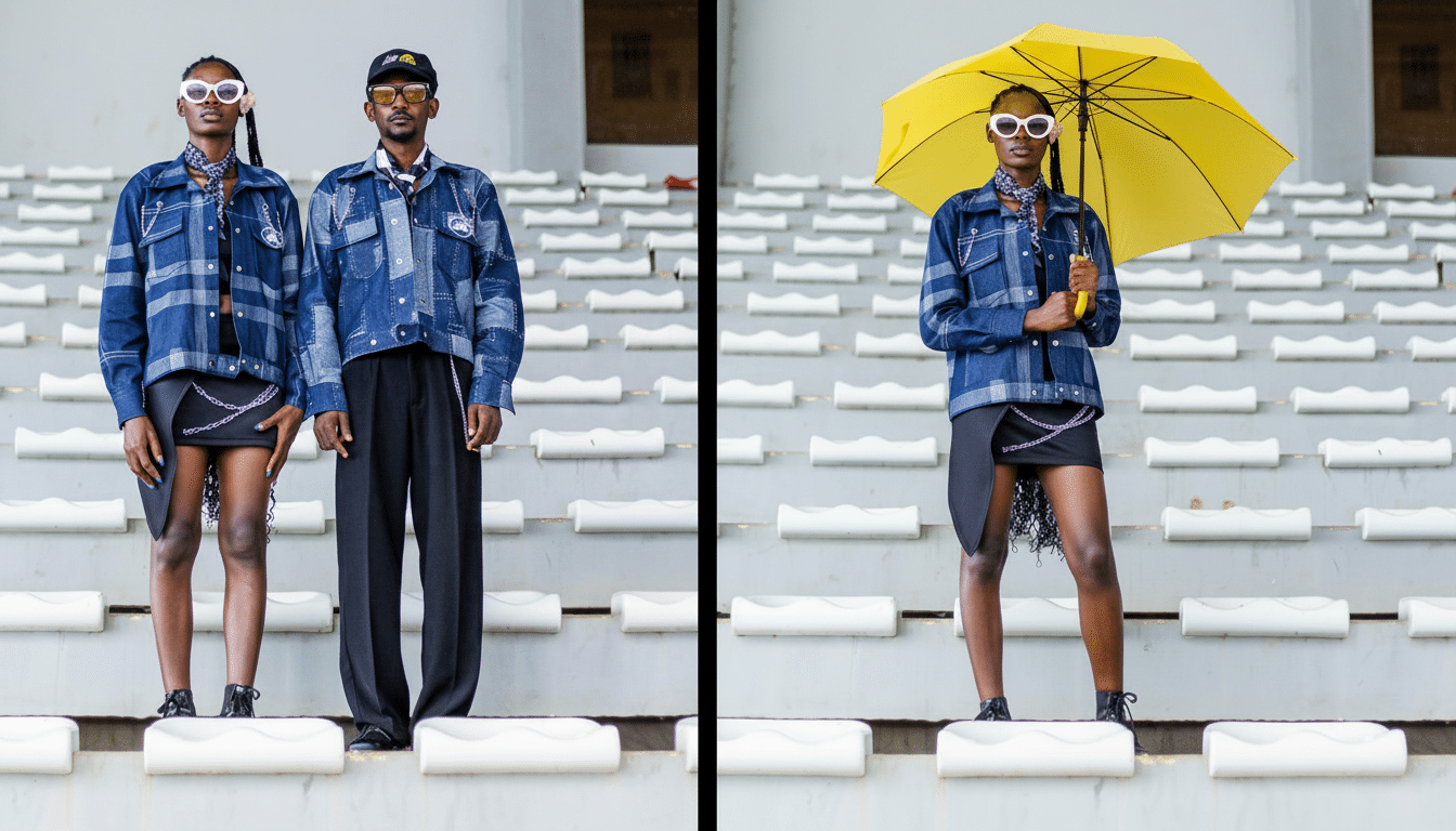A 16: 9 aspect ratio image featuring two sets of models in denim outfits against a stadium seating background. On the left, a person in a denim jacket