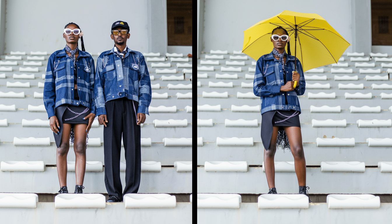 Two models , one male and one female, pose on stadium seating. The female model on the left wears a denim jacket and black skirt. The male model wears a denim jacket and black pants. On the right, the female model from the left poses with a yellow umbrella.