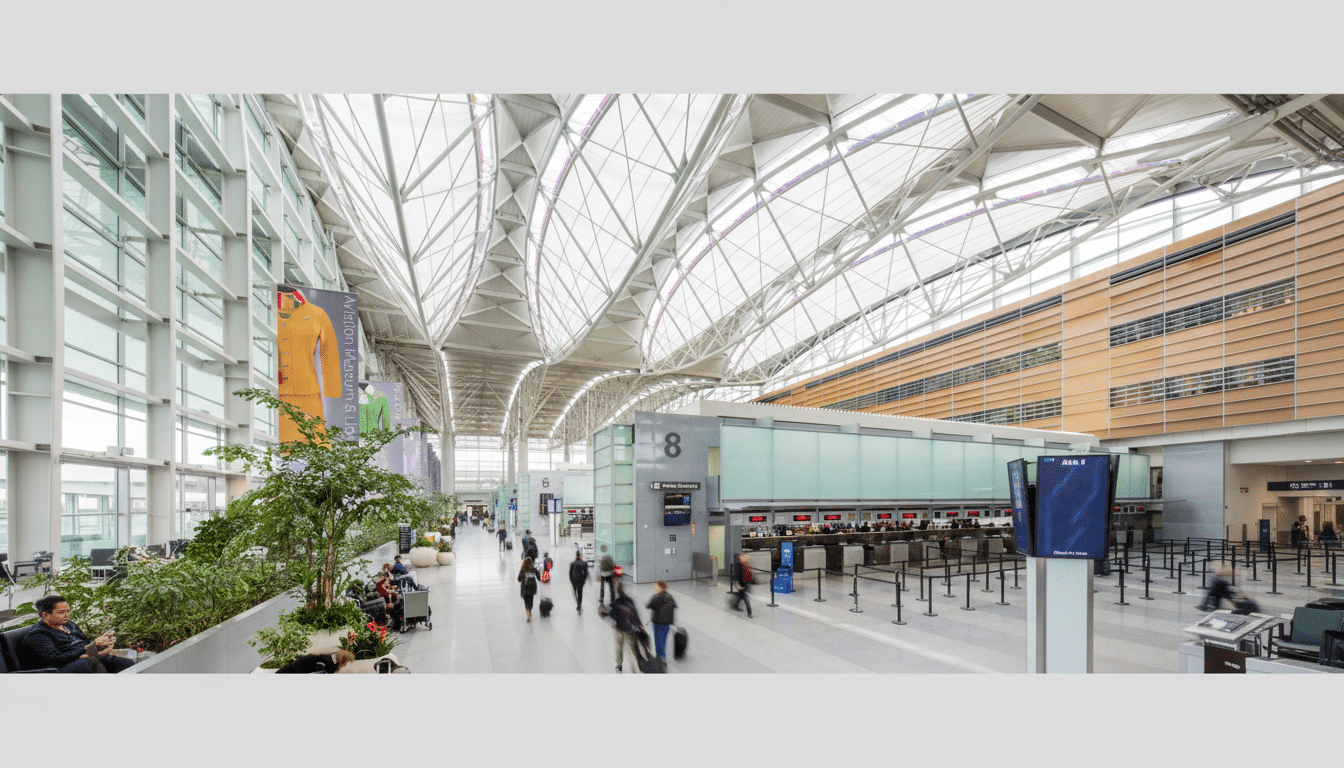 An expansive view of a modern airport terminal with a high , arched ceiling, various check -in count