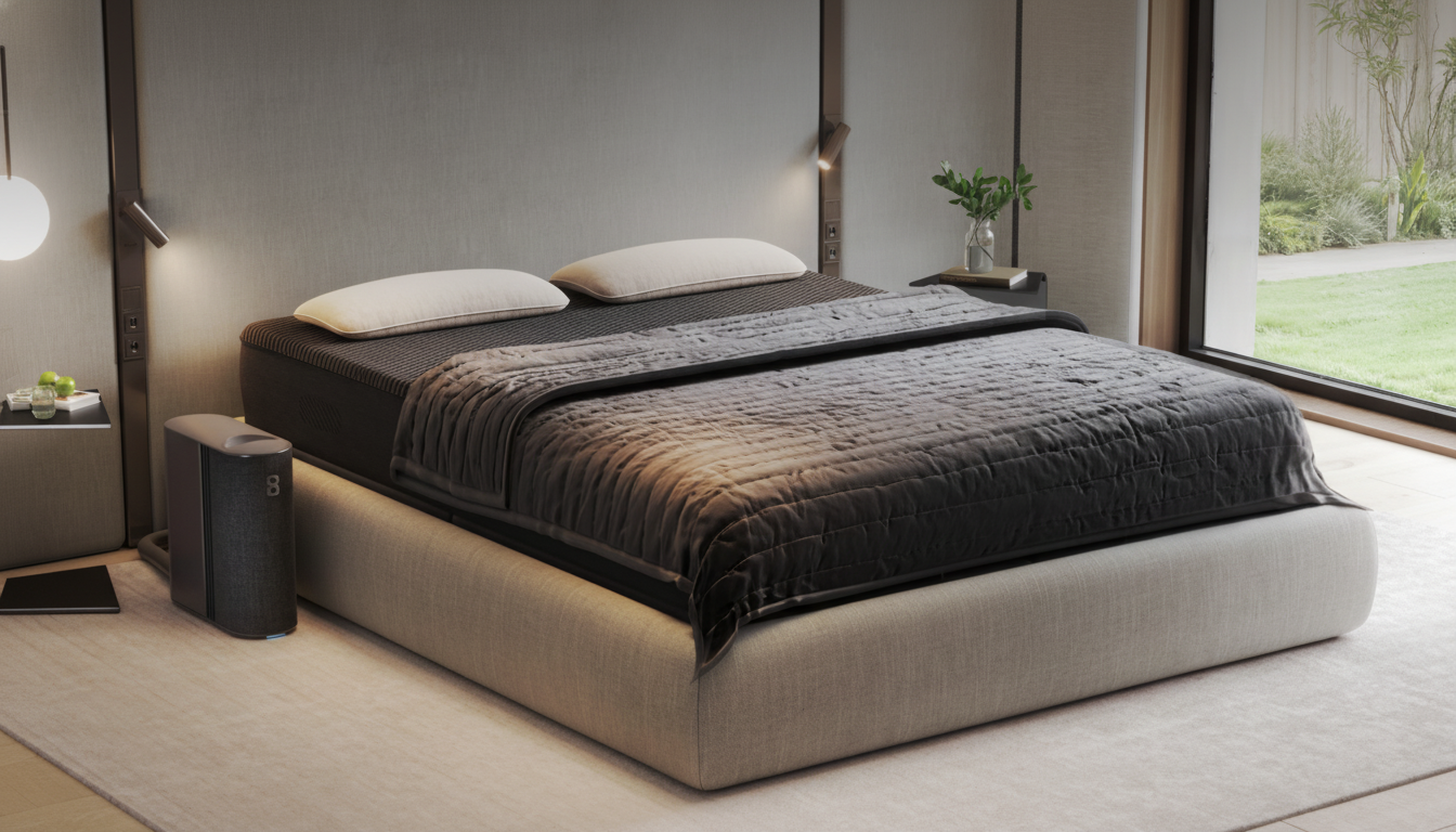 A modern bedroom featuring a king -size bed with a grey quilted com forter and two white pillows, next to a night stand with a dark grey smart device and an apple, and a window overlooking a garden.