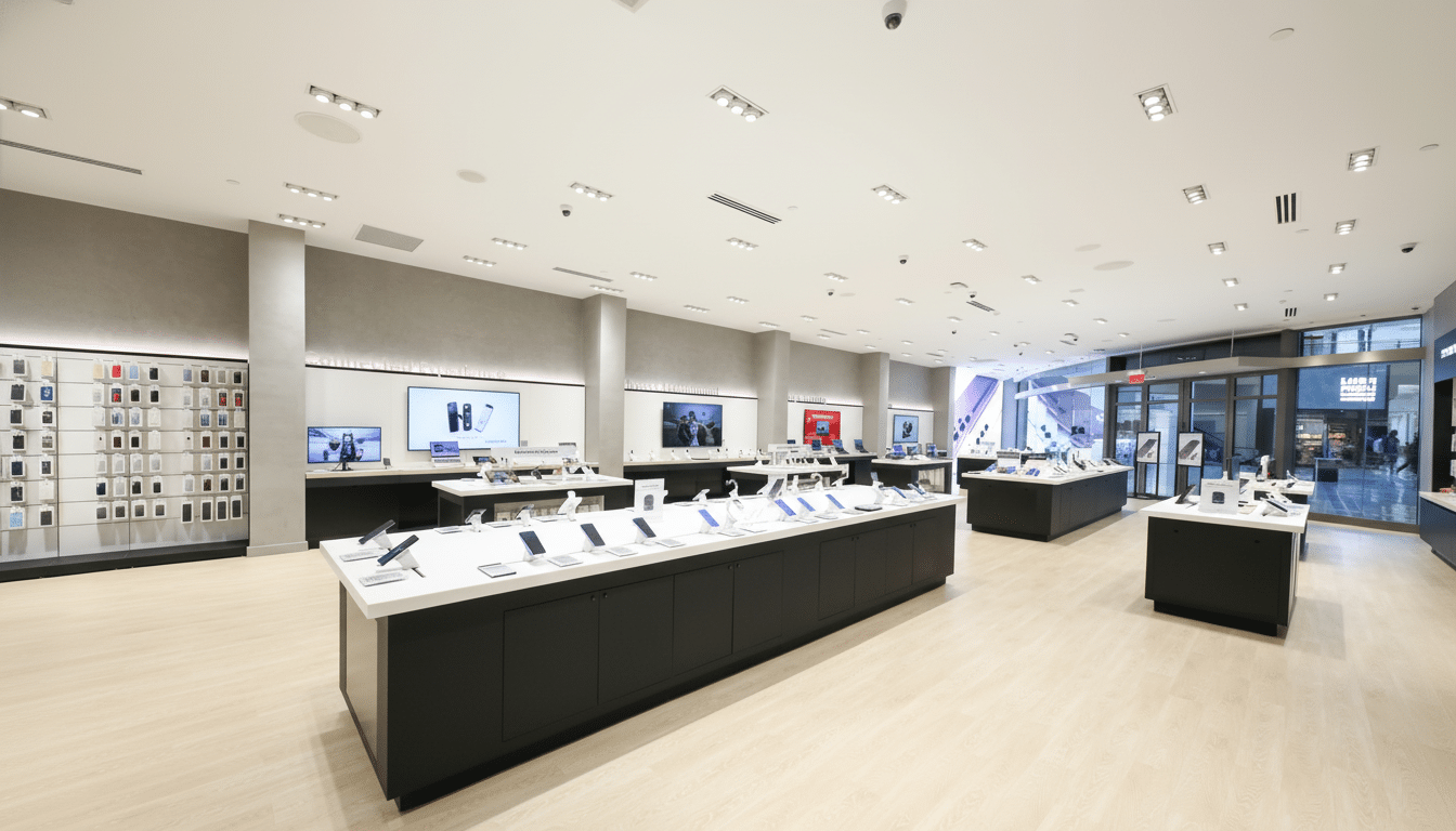 An interior view of a modern electronics store with various devices displayed on sleek counters , resized to a 16: 9 aspect ratio.