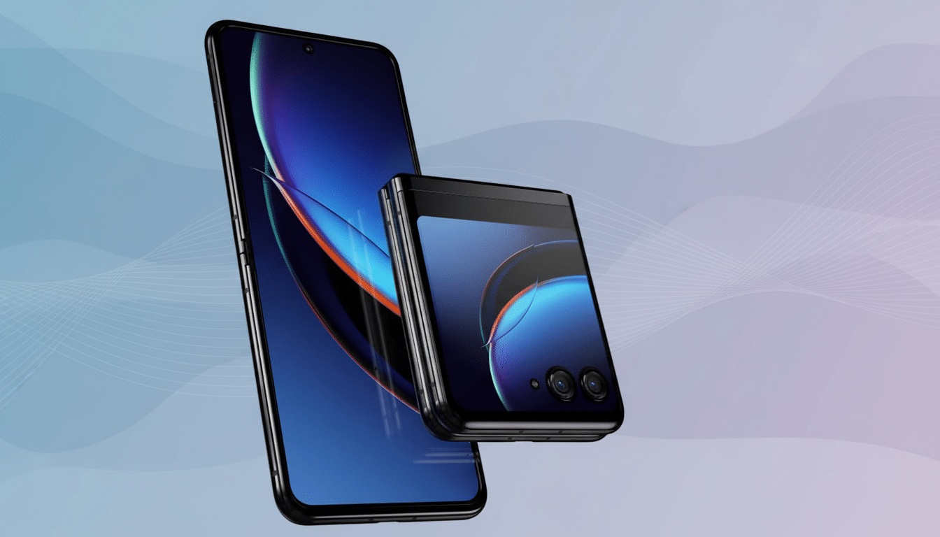 A modern smartphone and a folded flip phone, both displaying a vibrant blue and orange abstract wallpaper, set against a professional background with soft blue and purple gradients and subtle wave patterns. Filename : modernflip phones display .png