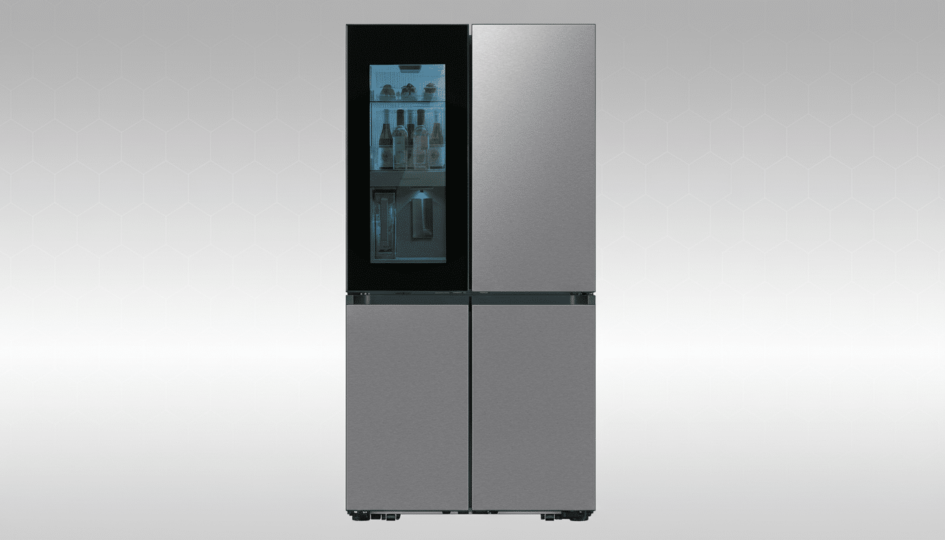 A modern, four-door stainless steel refrigerator with a transparent glass panel on the upper left door, revealing beverages inside. The appliance is set against a subtle gray and white patterned background. Filename : modern four doorre frigerator.png