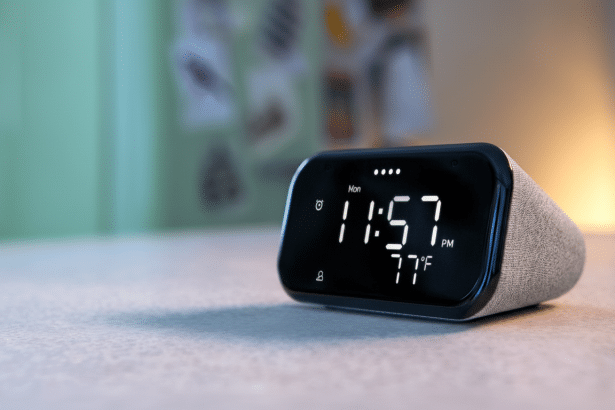 A modern smart clock displaying the time 11 :57 PM , Monday, and 77 degrees Fahrenheit. The clock ha