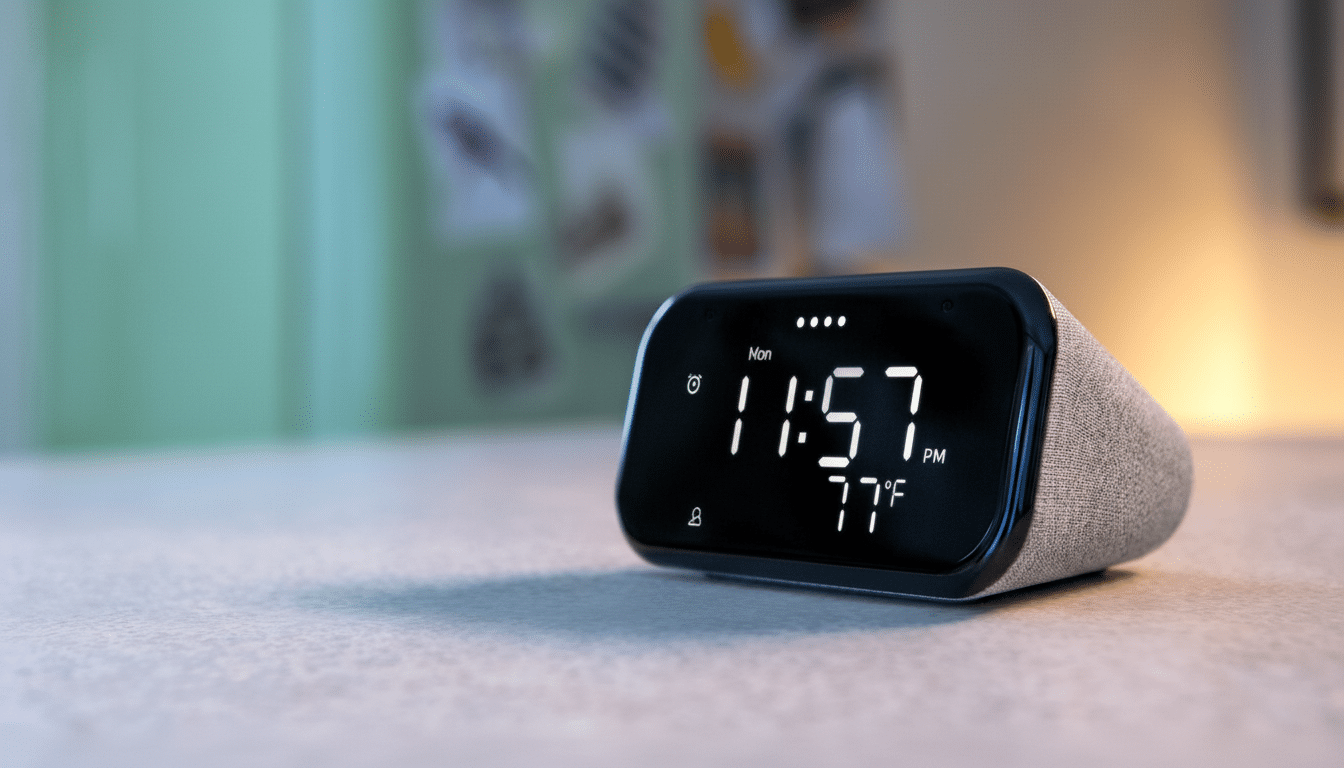 A modern smart clock displaying the time 11 :57 PM , Monday, and 77 degrees Fahrenheit. The clock ha