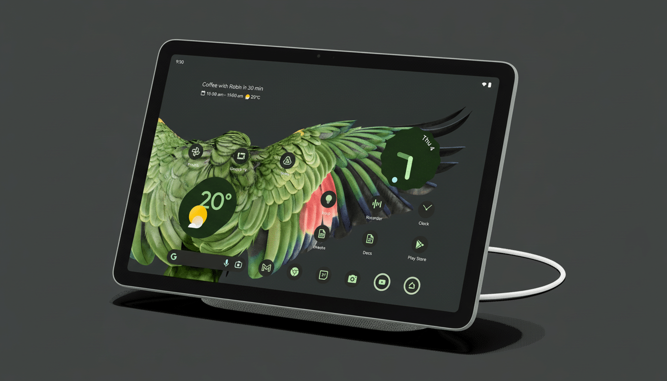 A modern tablet displaying a vibrant green bird' s wings as wallpaper , with various app icons and a weather widget on the home screen. The tablet is shown at an angle with a white charging cable connected .