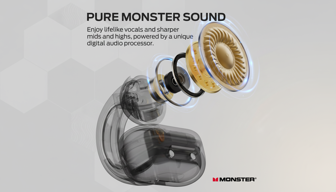 An exploded view of a transparent earbud, showcasing its internal components including a golden speaker driver, set against a professional flat design background with subtle geometric patterns. The text PURE MONSTER SOUND and a description of its audio capabilities are visible, along with the MONSTER logo.
