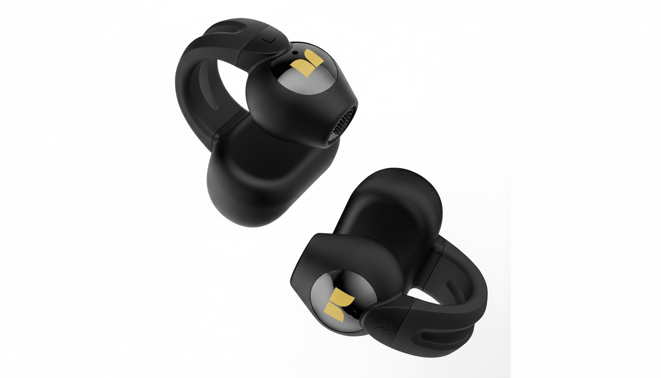 A pair of black wireless earbuds with ear hooks, featuring a gold logo on the side, presented on a clean white background.