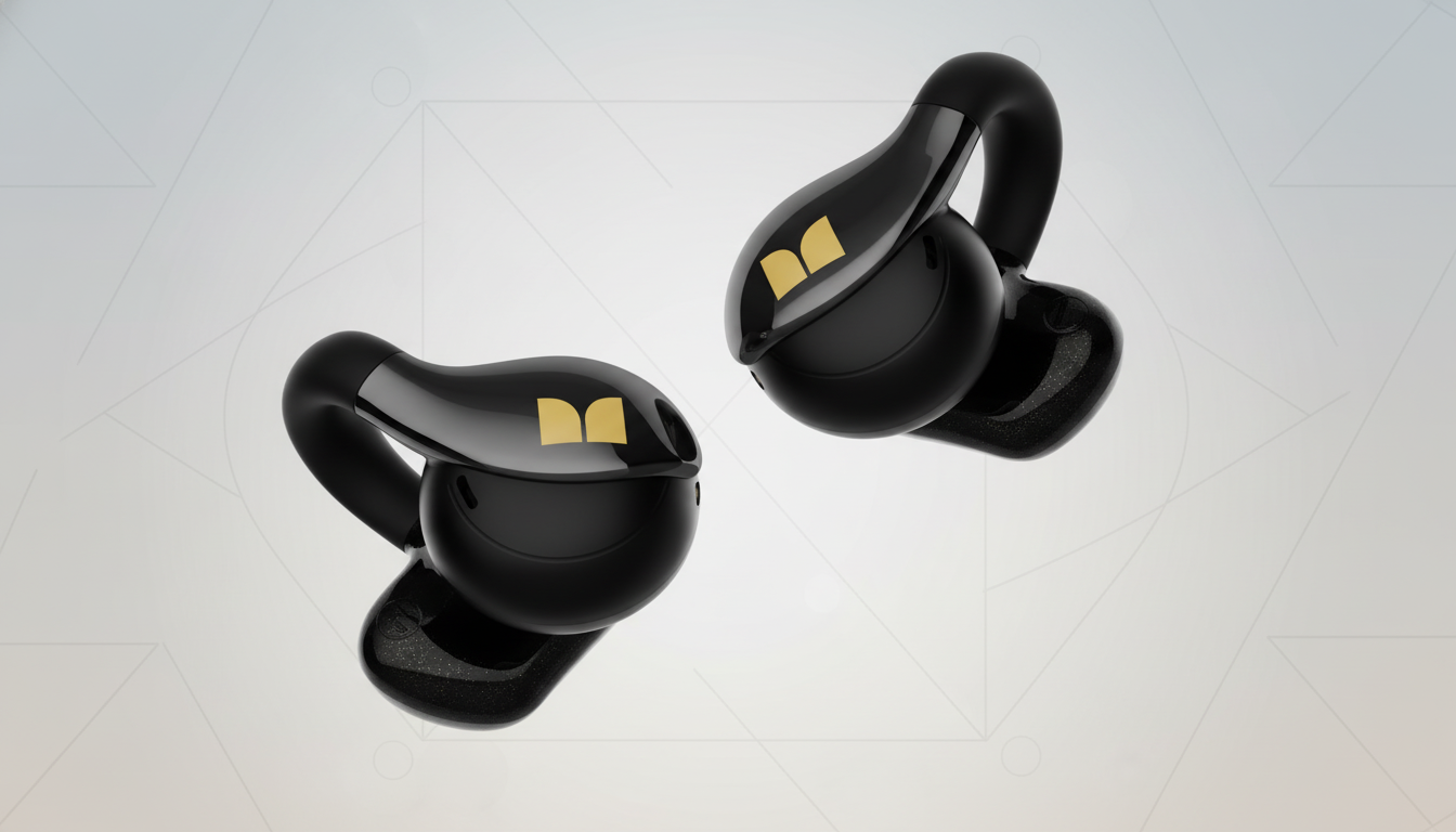 A pair of black wireless earbuds with gold logos, presented on a professional flat design background with subtle geometric patterns.
