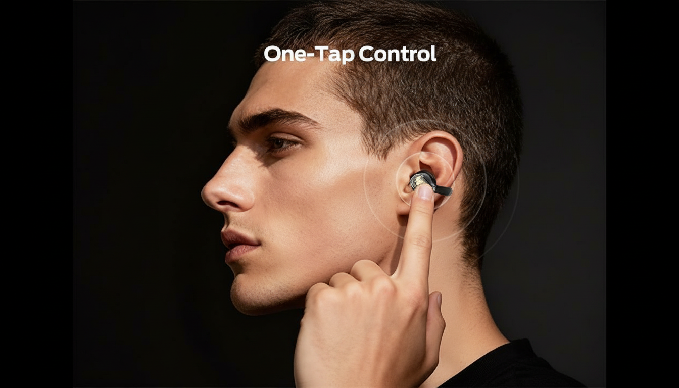 A mans profile with an earbud in his ear, his finger touching it, and the text One-Tap Control above.