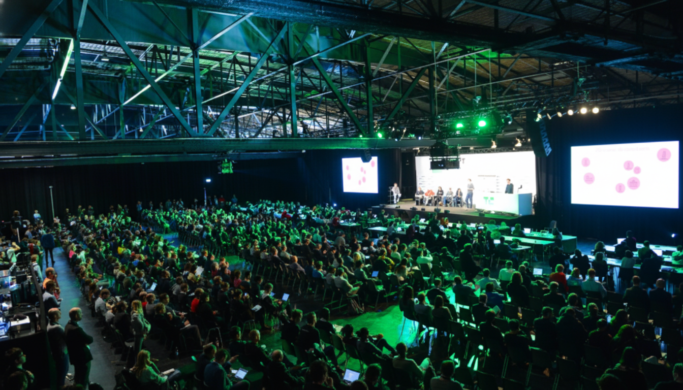 A wide shot of a large conference hall filled with attendees, facing a stage with presenters and large screens displaying graphics. The hall has a high, industrial-style ceiling with visible beams and green lighting.