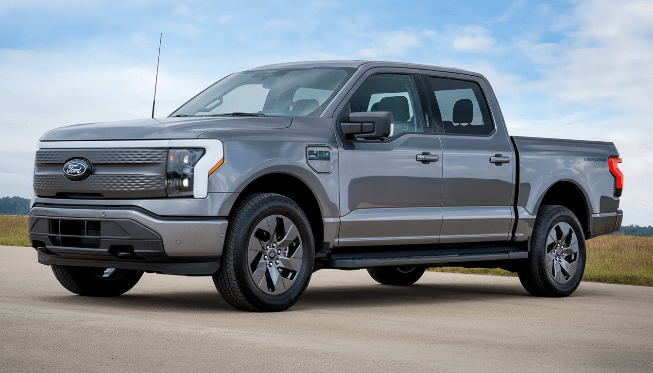 A gray Ford F-15 0 Lightning electric pickup truck parked on asphalt under a partly cloudy sky.