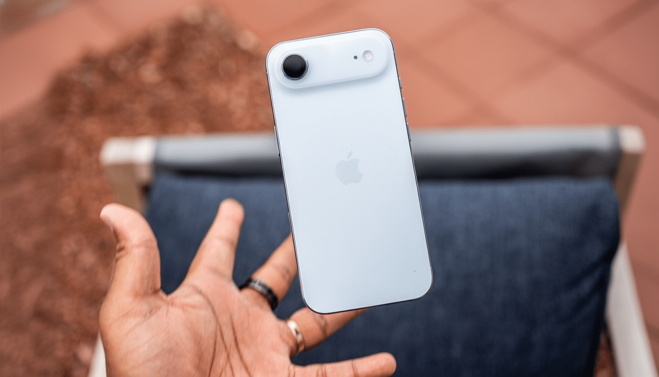 A hand holding a light blue smartphone with an Apple logo on the back, shown outdoors with a blurred background of reddish paving and a dark blue cushion .