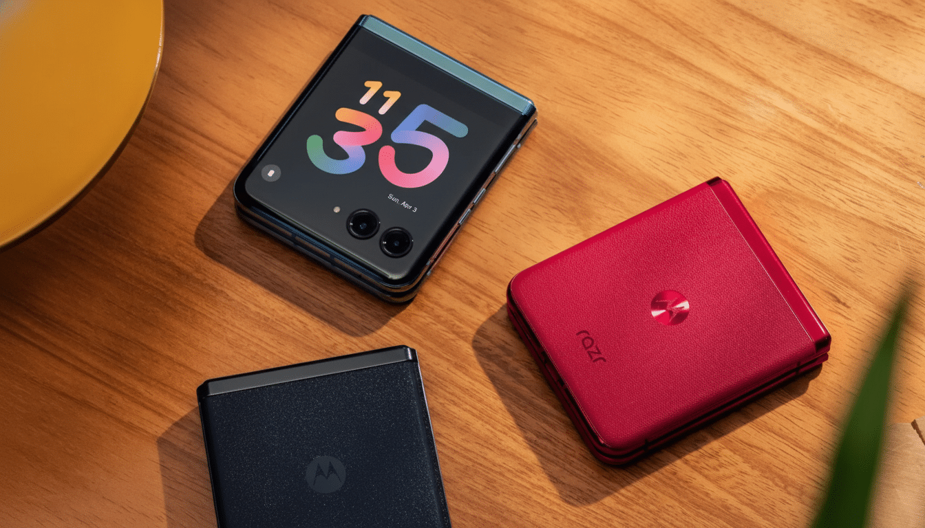 Three Motorola Razr foldable phones in black , red, and blue on a wooden surface.