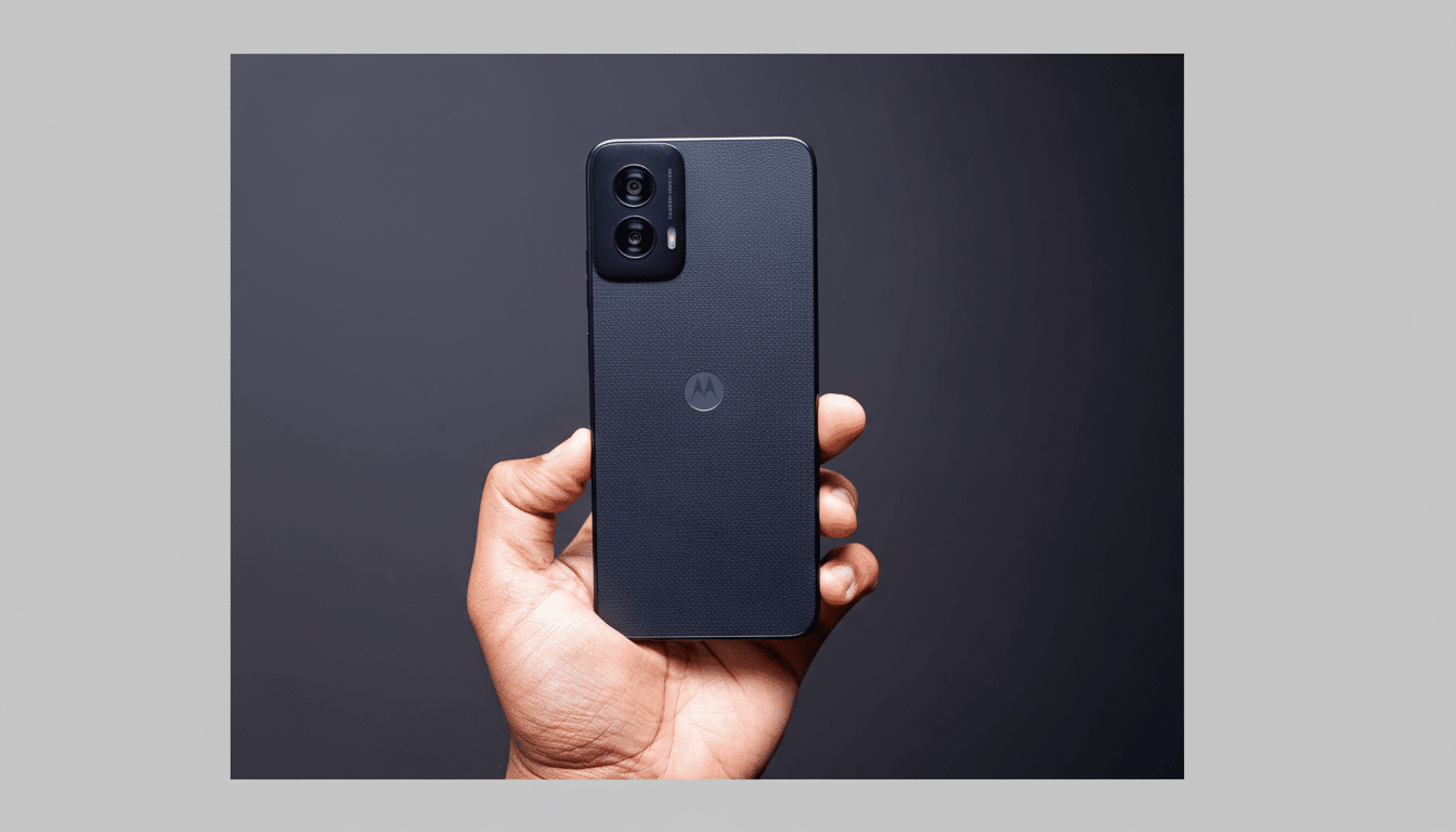 A hand holding a dark grey Motorola smartphone with a textured back and a dual- camera setup , resized to a 1 6:9 aspect ratio while preserving the original background .